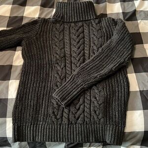 CHARCOAL CHUNKYCable Knit COTTON Turtleneck Sweater